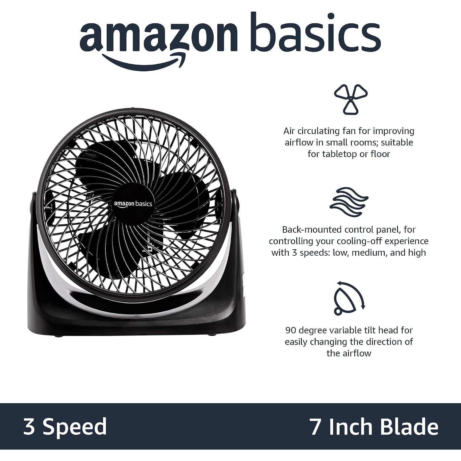 Amazon Basics Air Circulator Desk Fan For Bedroom, Home And Office, 90-Degree Tilt Head, 3 Speed Settings, Cooling, 35 Watts, Black, 11.1"W X 6.3"D X 10.9"H