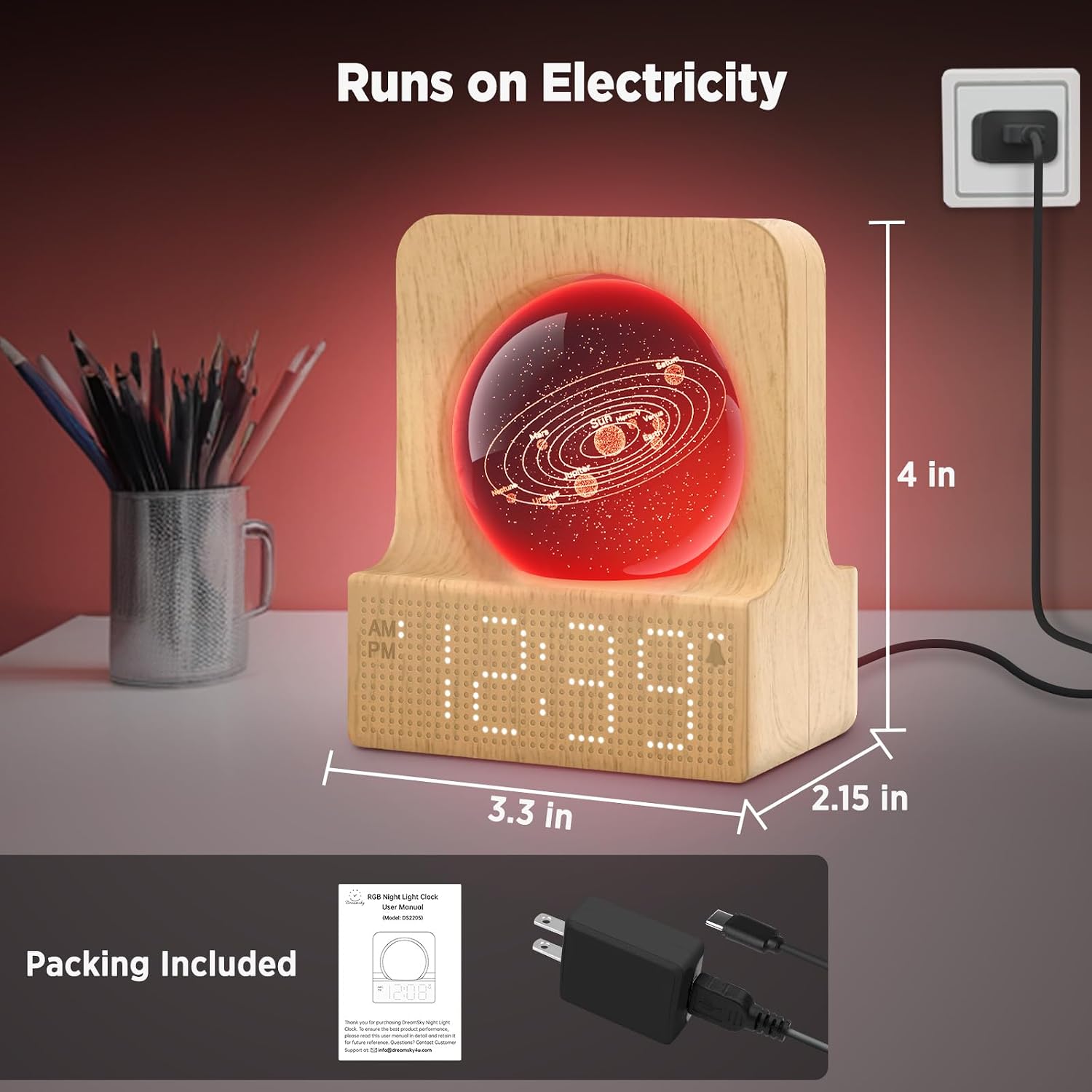 Dreamsky Space Alarm Clock For Kids Teens With Rgb Night Light For Bedroom | Small Digital Clock With Colorful Crystal Ball Decor For Living Room Office, Dimmer, Gifts For Boys Girls Women (Wood Grain)