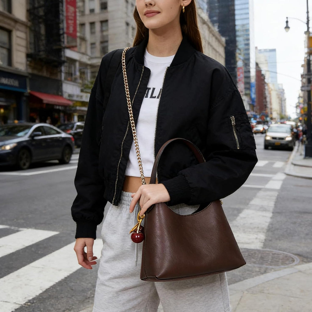 Small Hobo Bags For Women Cherry Shoulder Bag Purse Faux Leather Tote Handbag Trendy Chain Crossbody Bag