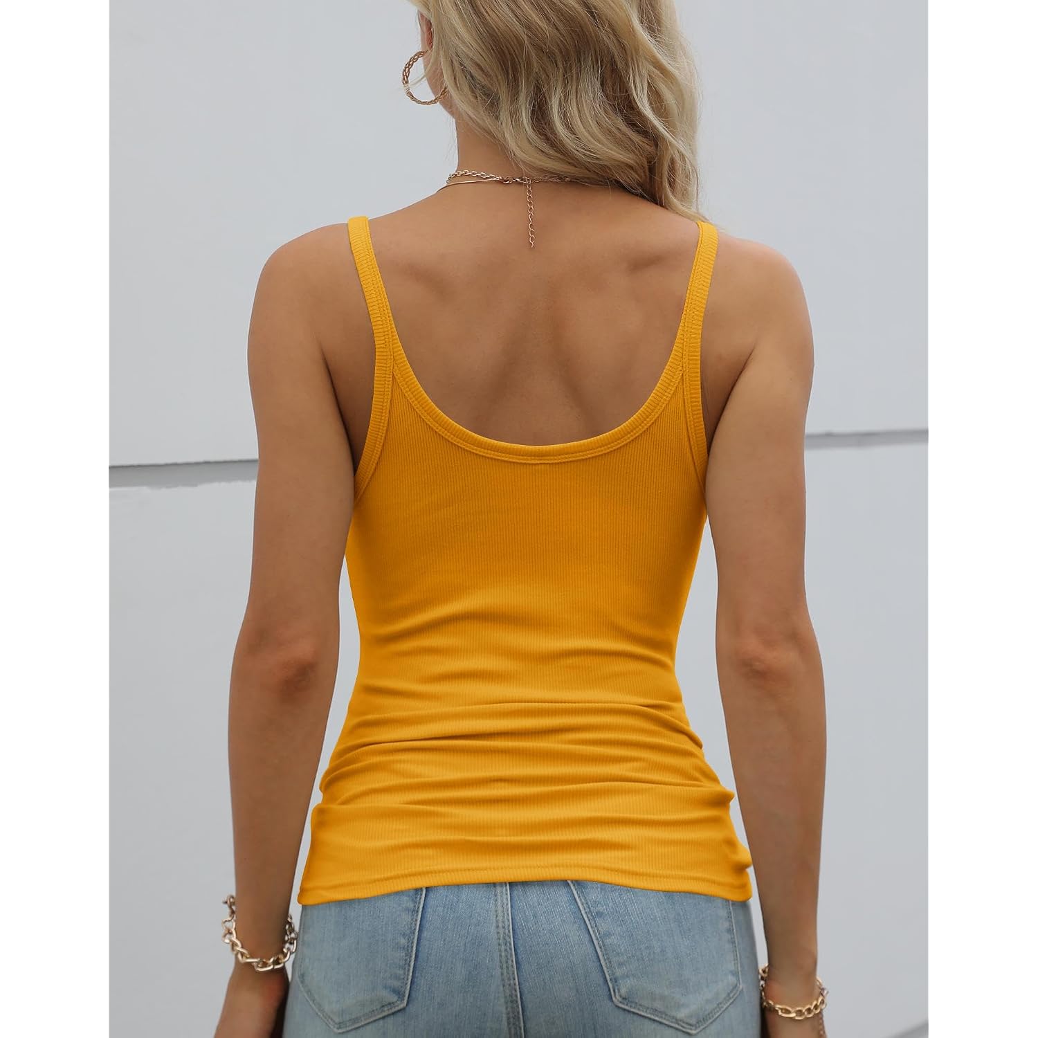 GEMBERA Women Spaghetti Strap Scoop Neck Ribbed Tank Tops Slim Fitted Cotton Camisole Basic Sleeveless Layering Shirts
