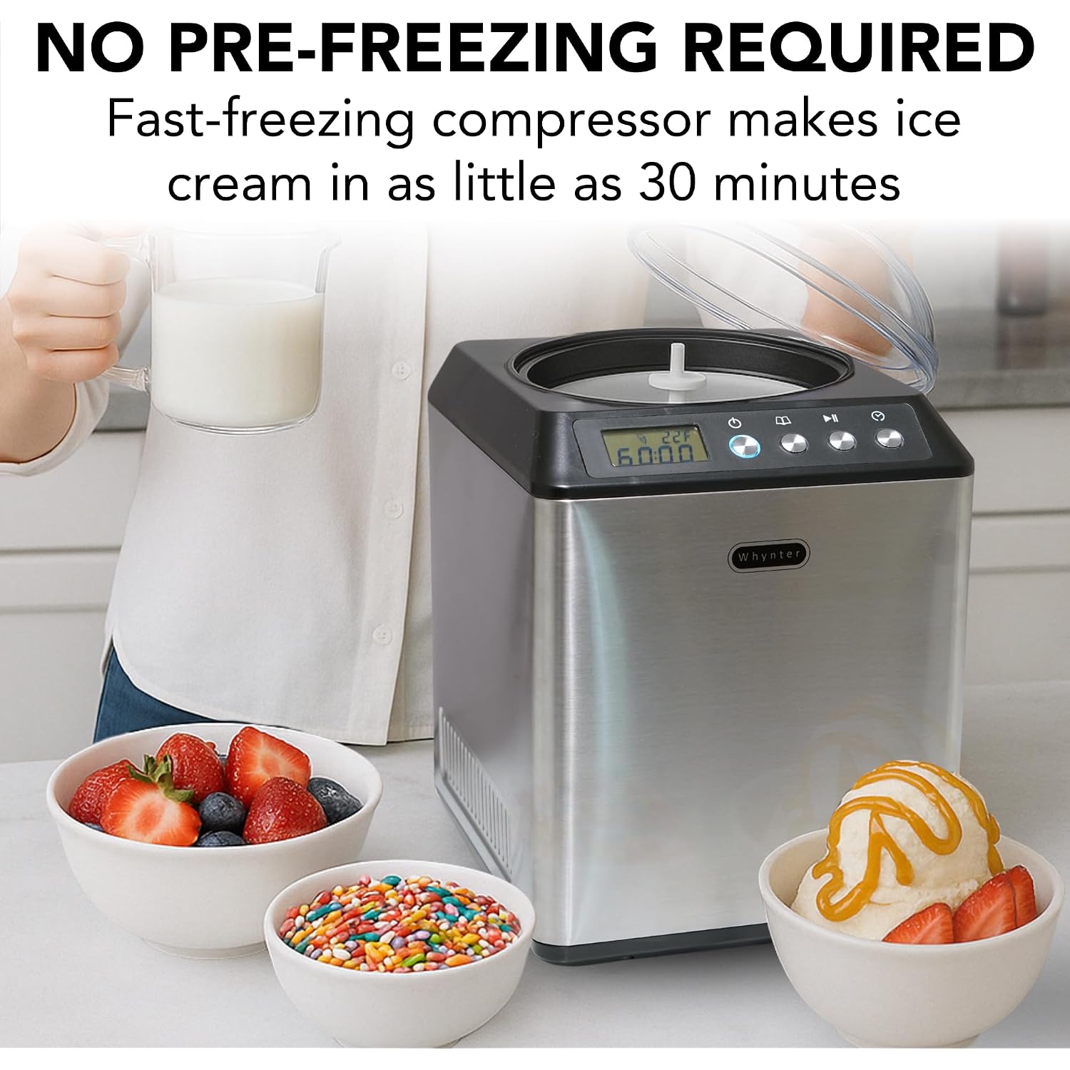 Whynter Ice Cream Maker Machine Automatic 2.1 Qt. Upright With Built-In Compressor, Lcd Digital Display & Timer, No Pre-Freezing, Icm-201Sb, Stainless Steel