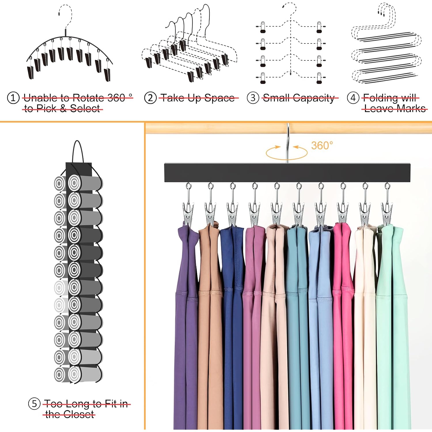 Legging Organizer For Closet, Pants Hangers With Clips Holds 20 Leggings, Jeans, Hats, Shorts, Socks, 360° Rotating Space Saving Hanging Lightweight Garment Hanger Storage 2Pcs
