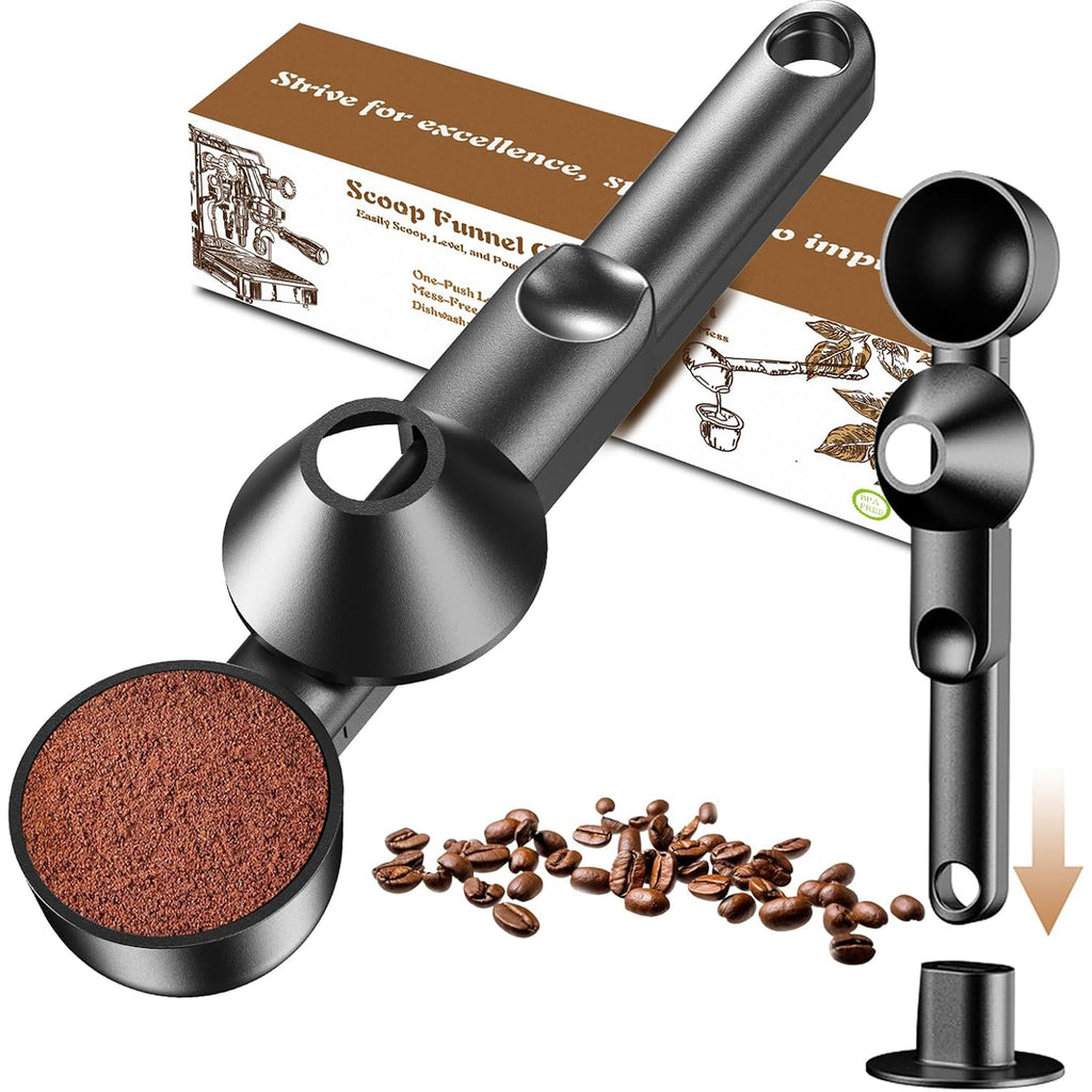 Coffee Scoop With Funnel For Ground Coffee, Protein Powder & Tea, For Reusable K Cup Refiller, 2Tbsp Mess-Free, Funnel Design Prevents Spills (Black, 1-Pack)