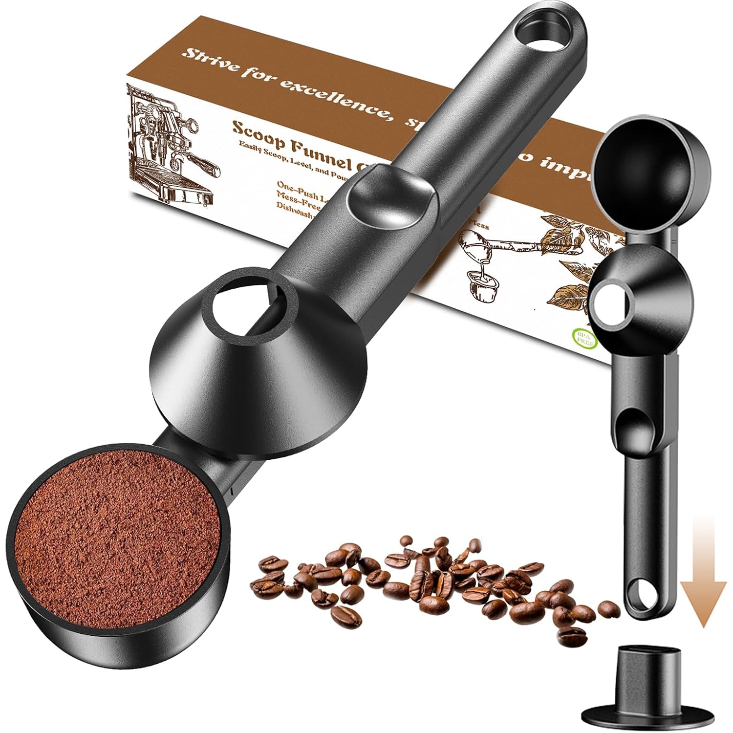 Coffee Scoop With Funnel For Ground Coffee, Protein Powder & Tea, For Reusable K Cup Refiller, 2Tbsp Mess-Free, Funnel Design Prevents Spills (Black, 1-Pack)
