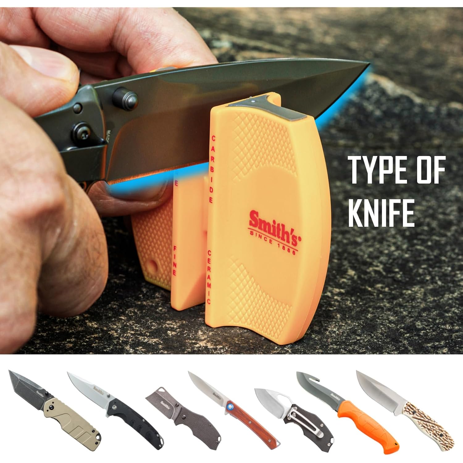 Smith's CCKS 2-Step Knife Sharpener - Yellow - 2-Step Preset Coarse & Fine Slots - Outdoor Handheld Knife Sharpener - Fishing, Hunting, Fillet, Pocket Knives - Compact Plastic Portable Keychain Tool