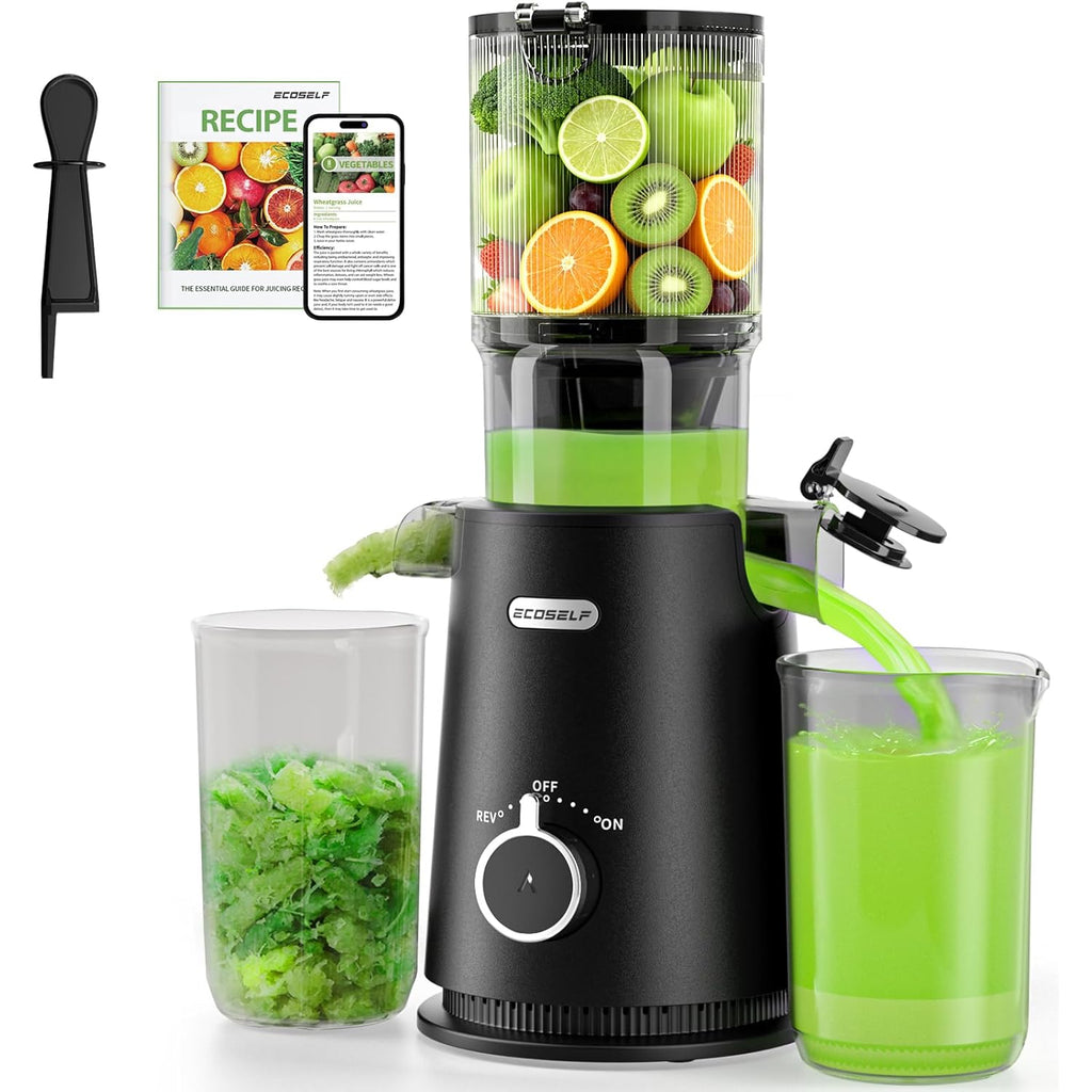 ECOSELF Juicer Machines Easy to Clean, With Wide Mouth & Large Feed Chute For Whole Fruits & Vegetables, Slow Masticating Juicer Hands-Free, Quiet Motor, Cold Press Juicer For Family, With Pusher