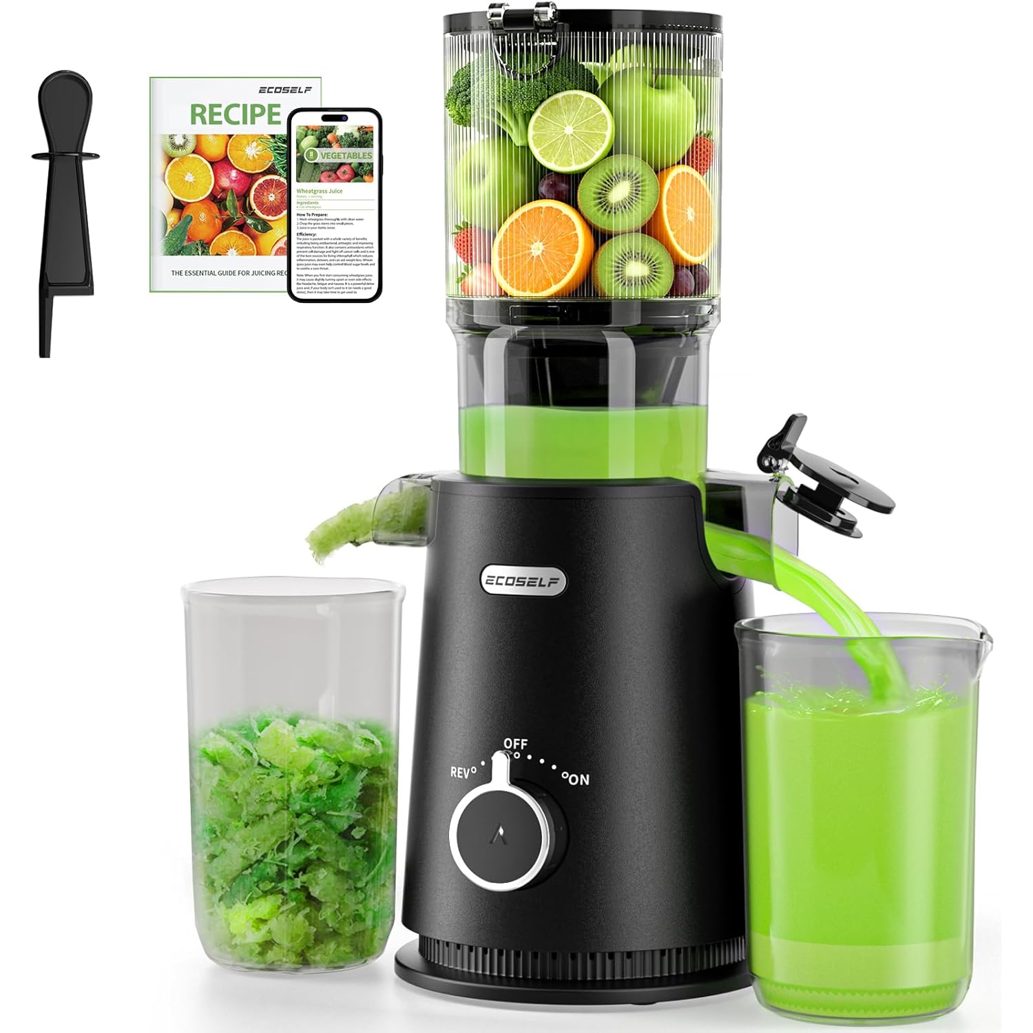 ECOSELF Juicer Machines Easy to Clean, With Wide Mouth & Large Feed Chute For Whole Fruits & Vegetables, Slow Masticating Juicer Hands-Free, Quiet Motor, Cold Press Juicer For Family, With Pusher