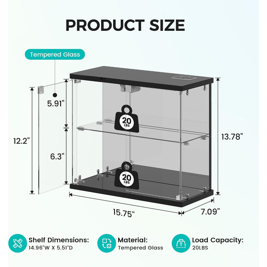 Dystler Glass Display Case With Led Lights, Small 2-Tier For Figures | Lighted Display Cabinet With Motion Sensor, Clear Tempered Glass Door, Usb-C Charging Hub For Collectibles, Rocks, Tabletop
