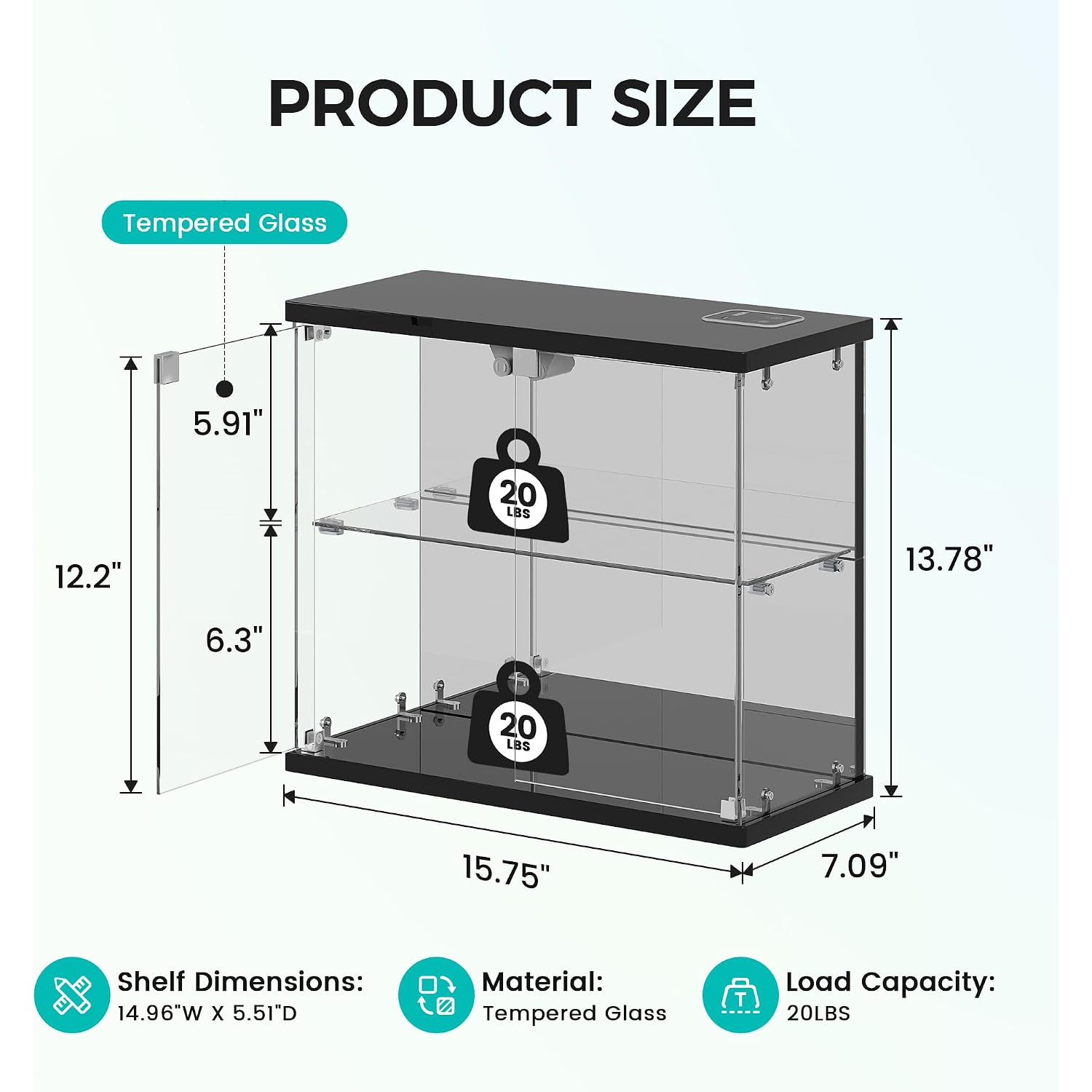 Dystler Glass Display Case With Led Lights, Small 2-Tier For Figures | Lighted Display Cabinet With Motion Sensor, Clear Tempered Glass Door, Usb-C Charging Hub For Collectibles, Rocks, Tabletop
