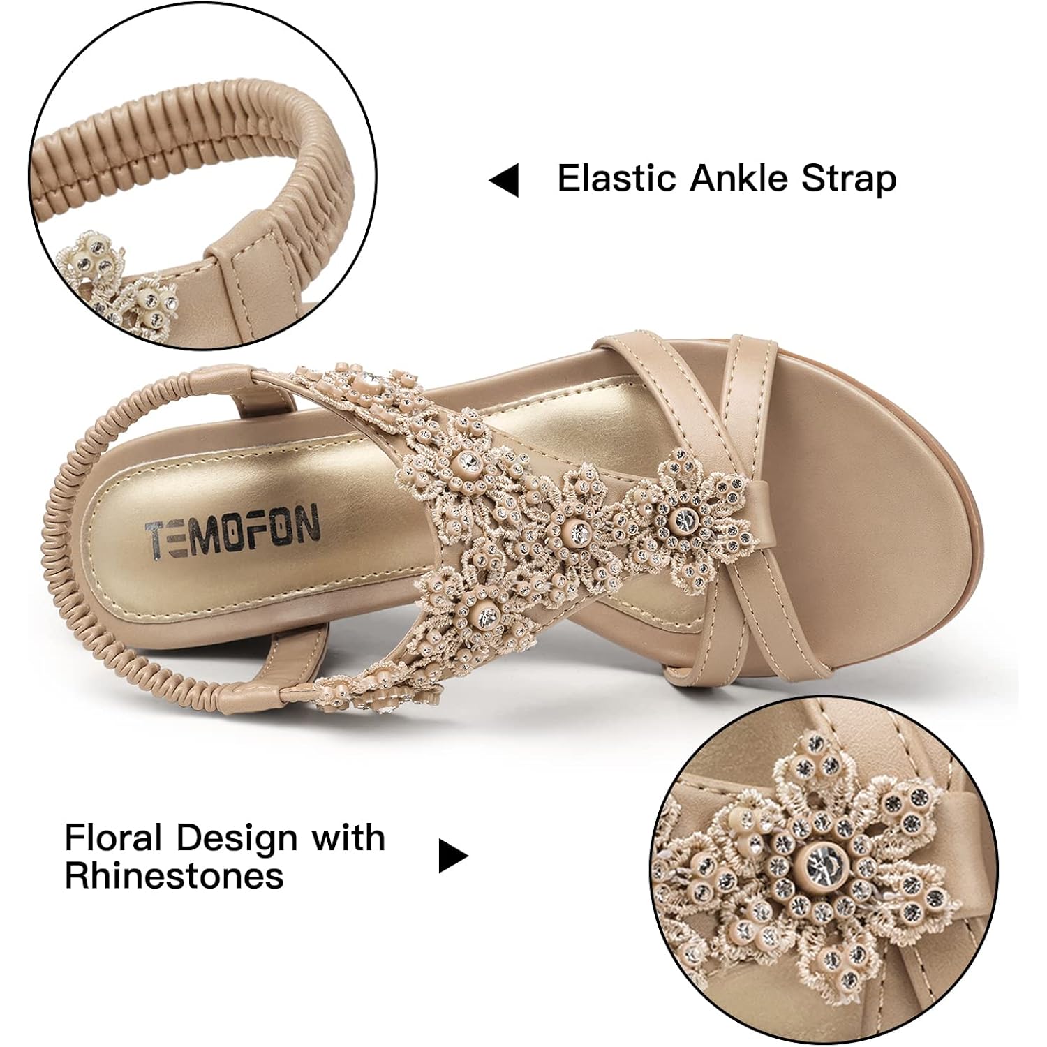 Temofon Women'S Low Wedge Heels Summer Dressy Platform Sandals Elastic Ankle Strap Open Toe Flower Shoes