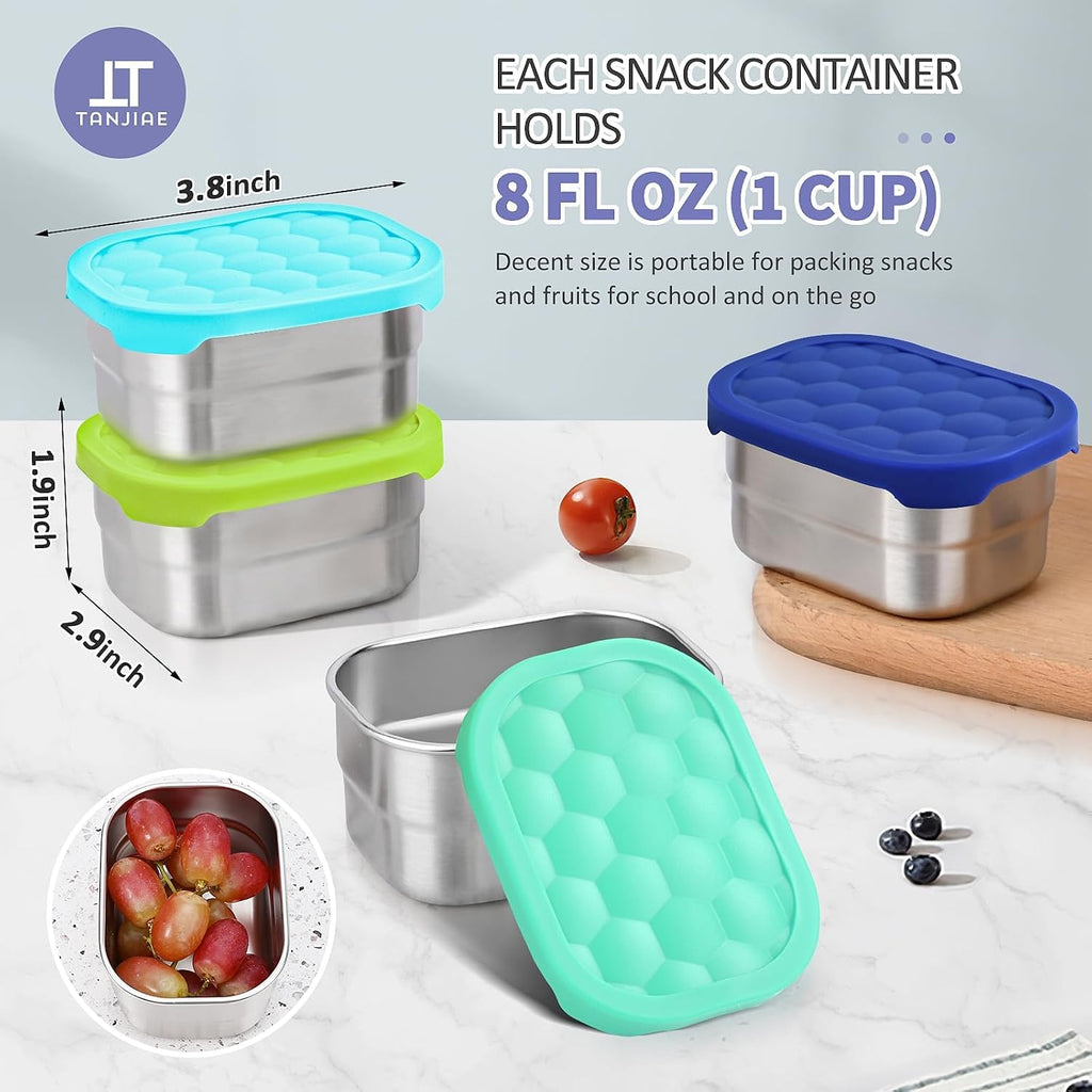 4Pack 8Oz Small (1 Cup) Stainless Steel Snack Containers For Kids | Reusable Easy Open Toddler Snack Containers With Silicone Lids | Stackable Toddler Lunch Box For Daycare, School And Travel
