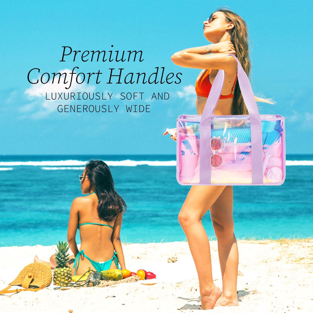 Fammart Iridescent Clear Beach Bag for Women, Jelly Tote Bag Waterproof Sandproof Pool Bag Cruise Vacation Essentials