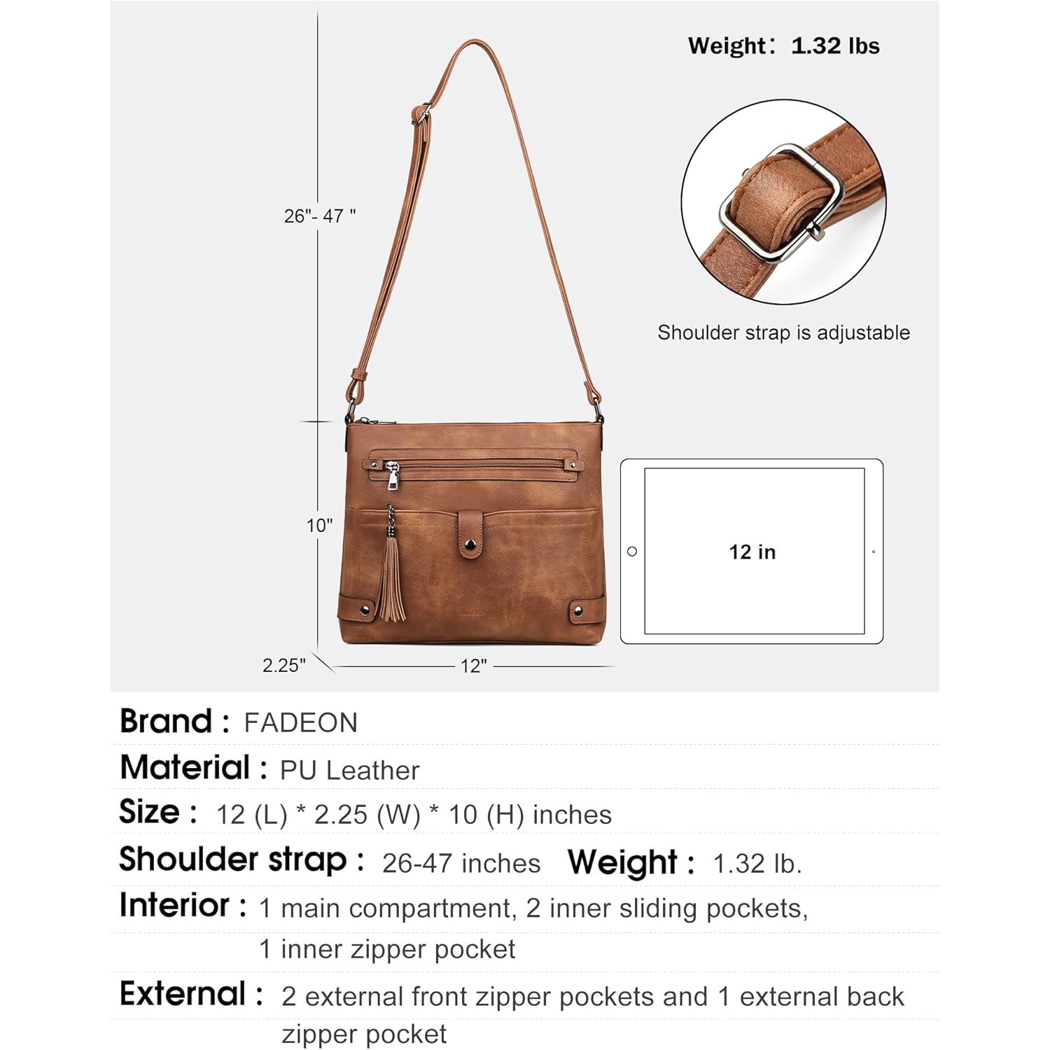 FADEON Large Crossbody Purses for Women Crossbody Bag, Designer Leather Cross Body Purses Multi Pocket Shoulder Bag