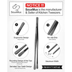 2 Pcs 12-Inch Cooking Tweezers Tongs Precision Serrated Tips, Stainless Steel Professional Chef Tweezer Kitchen Tools For Bbq, Plating And Serving (Black)