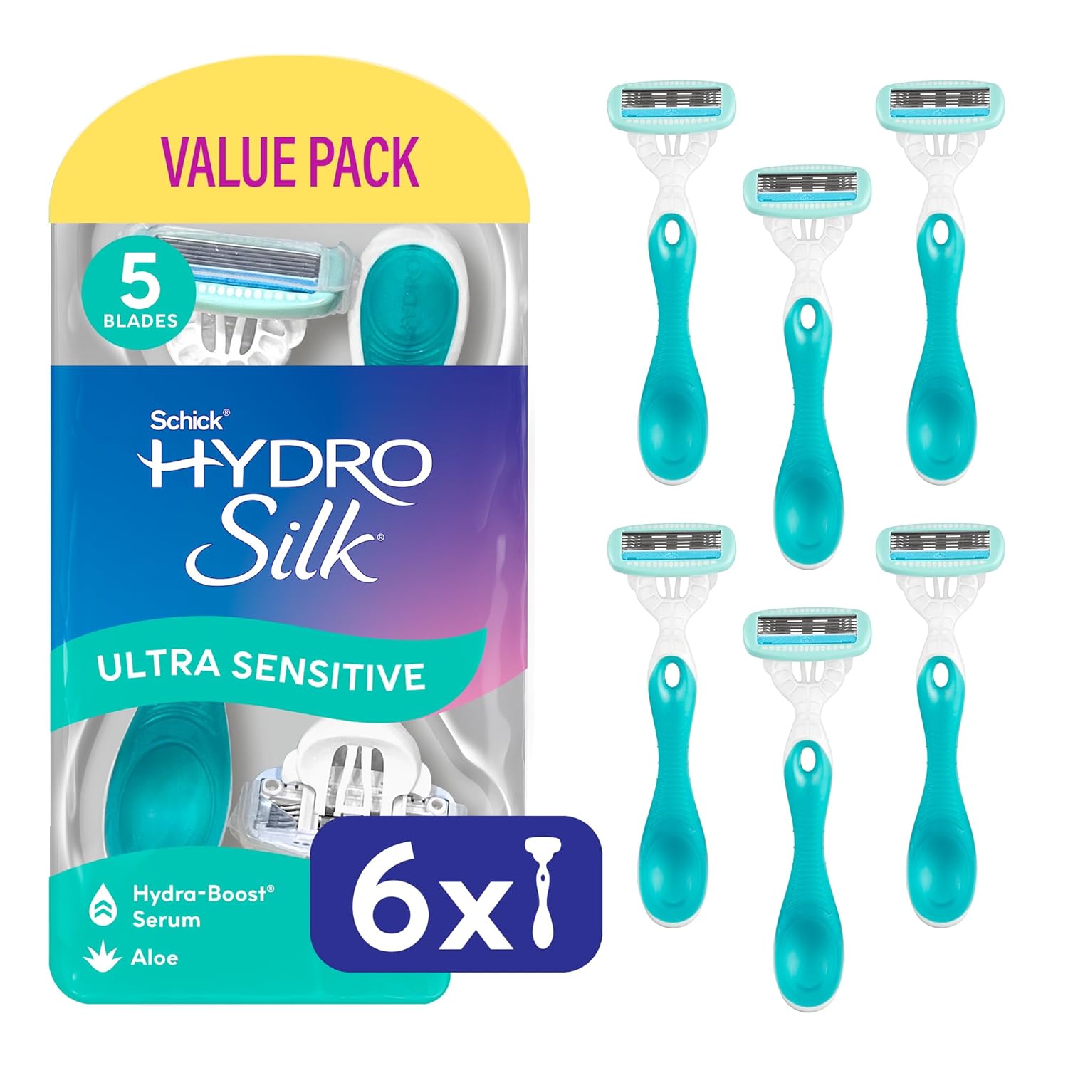 Schick Hydro Silk Sensitive Women's Disposable Razors, 6ct | 5-Blade Disposable Razors for Women Sensitive Skin | Travel Razor for Women
