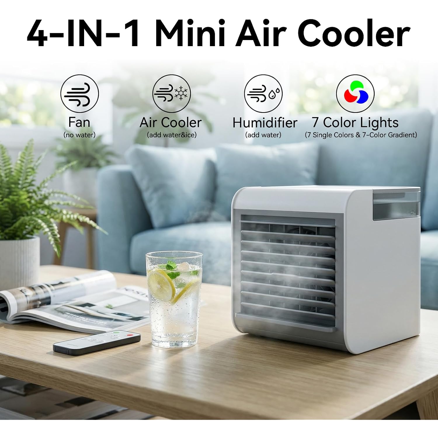 Portable Air Conditioner Fan, 4-In-1 Mini Air Cooler With 450Ml Water Tank, 3 Speeds Portable Fan 7 Colors Led Ambient Light, Mini Evaporative Cooler Desktop Humidifier Fan For Bedroom Office Travel