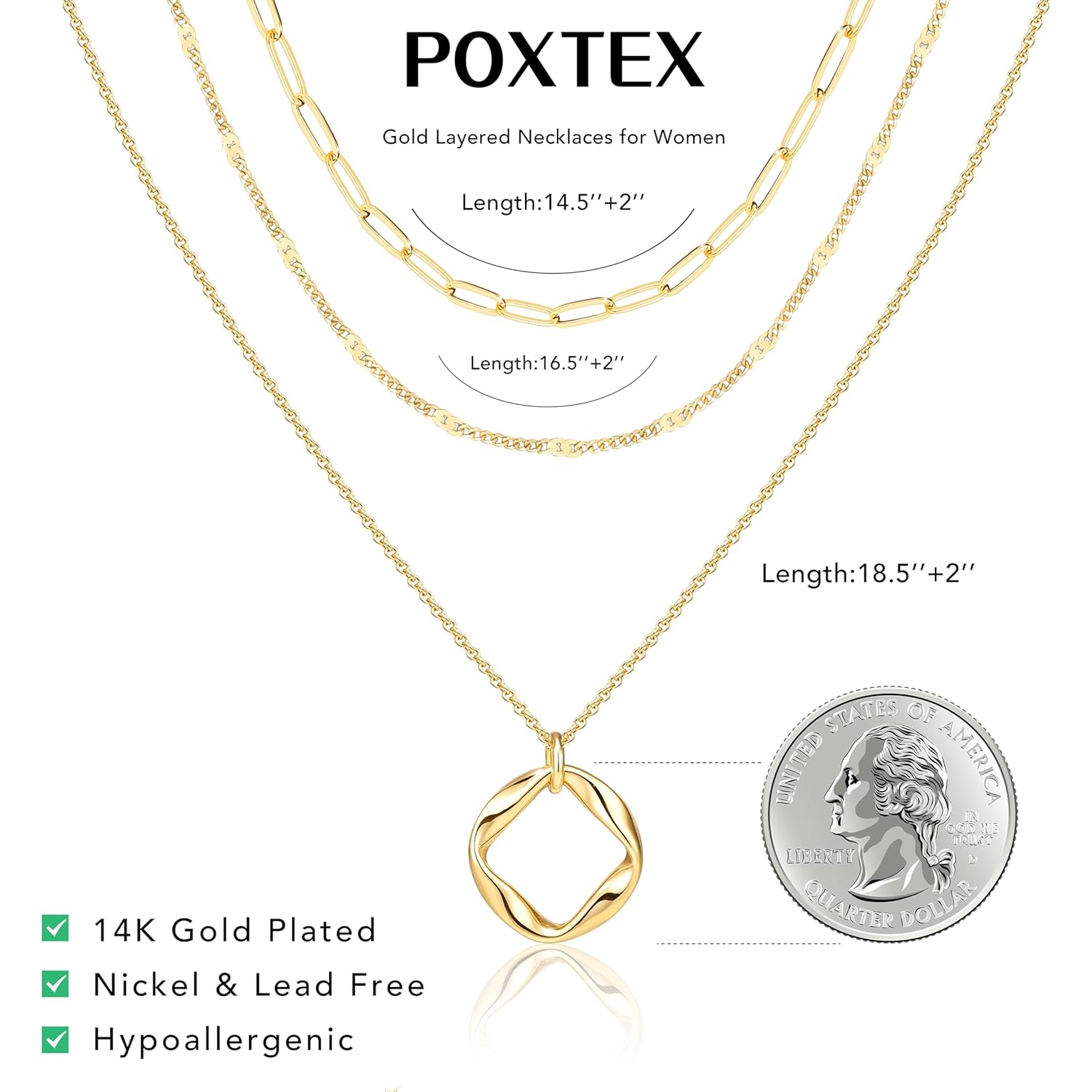 Poxtex Layered Gold Necklaces for Women, Stackable Dainty 14K Gold Silver Plated Trendy Simple Heart Diamond Cross Bow Circle Pendant Paperclip Choker Dot Chain Necklace,Jewelry Set Gifts for Women
