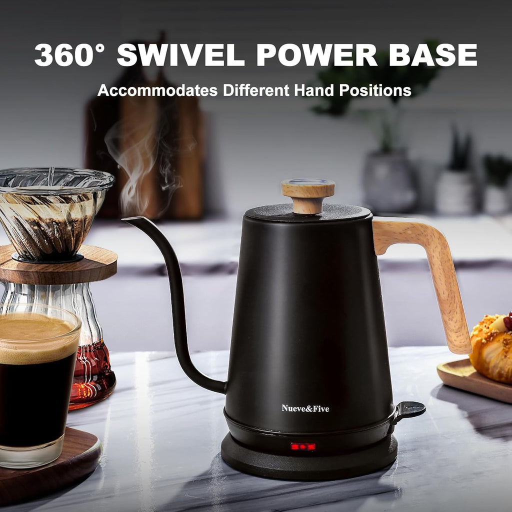 Nueve&Five Gooseneck Electric Kettle with Thermometer， Black Electric Kettle 1L with Auto Shut-Off，1000W Hot Water Kettle of Stainless Steel， Pour Over Kettle for Coffee & Tea