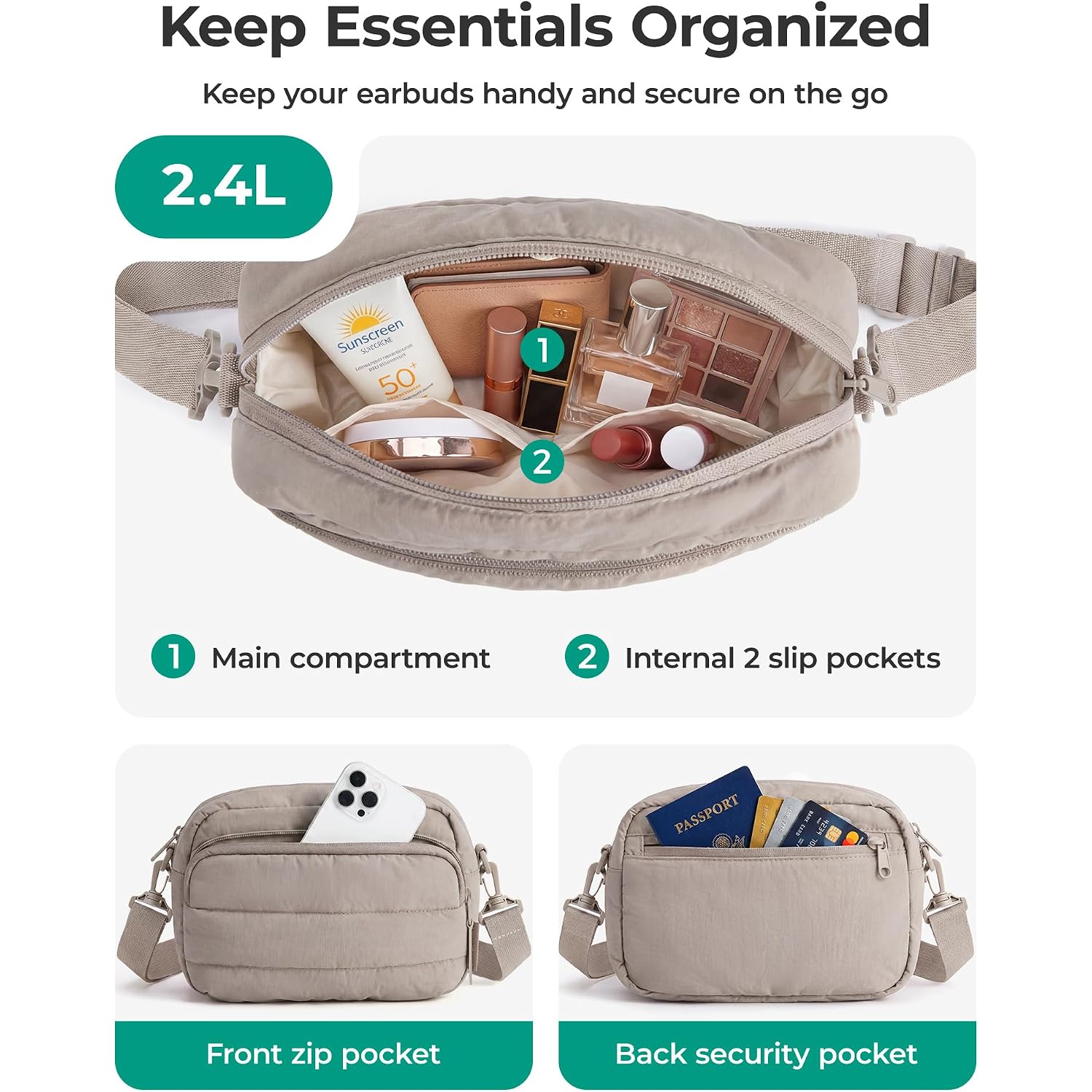 Bagsmart 2-Pc Set Small Crossbody Bags For Women Puffer Shoulder Hobo Purse | Small Hobo Bag With Detachable Cute Earbuds Pouch, Water-Resistant Quilted Nylon Fabric, Daily Casual Travel Work Errands