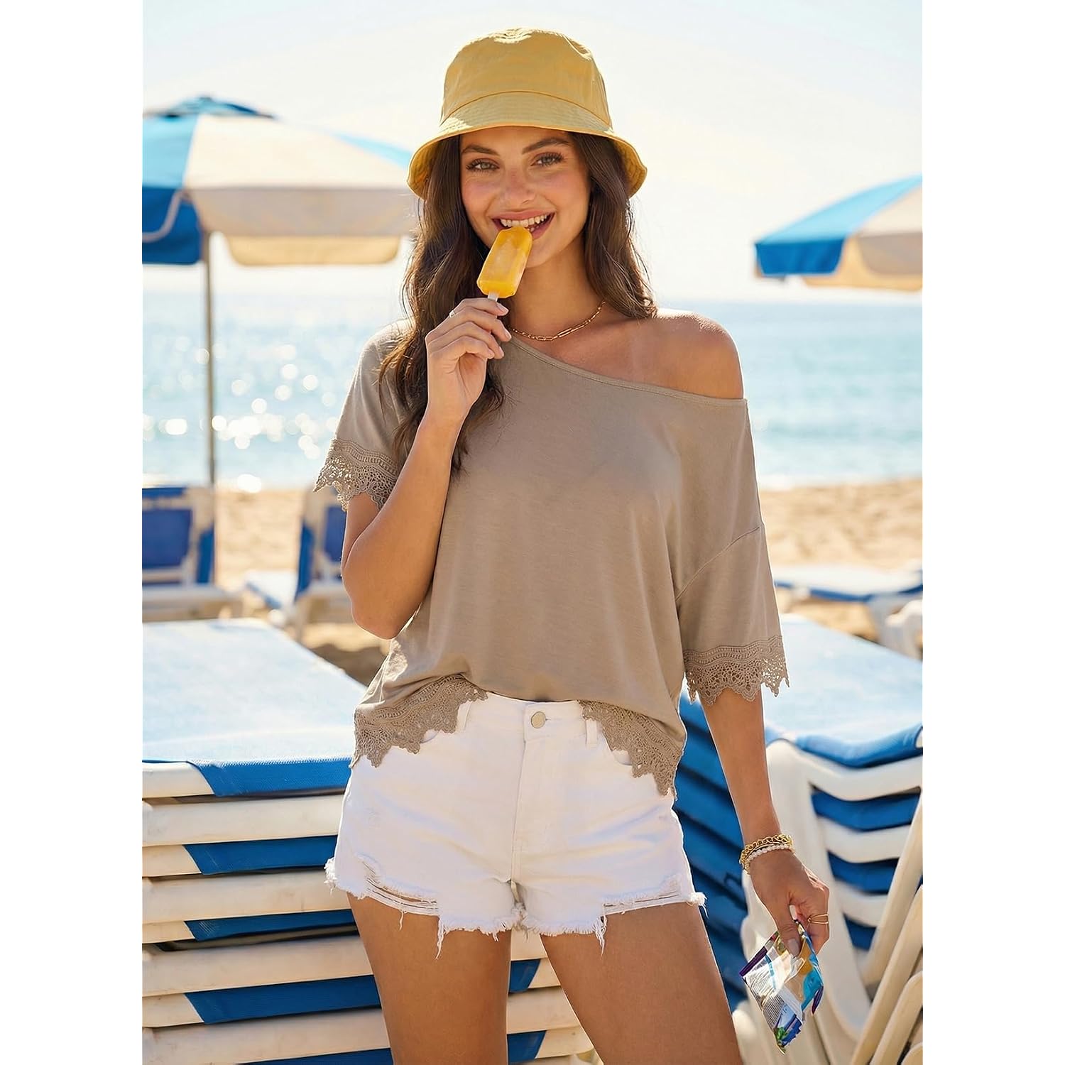 Dokotoo Womens Summer Tops 2026 Oversized Short Sleeve Shirts Casual Loose Lace Patchwork Tshirt Fashion Outfits