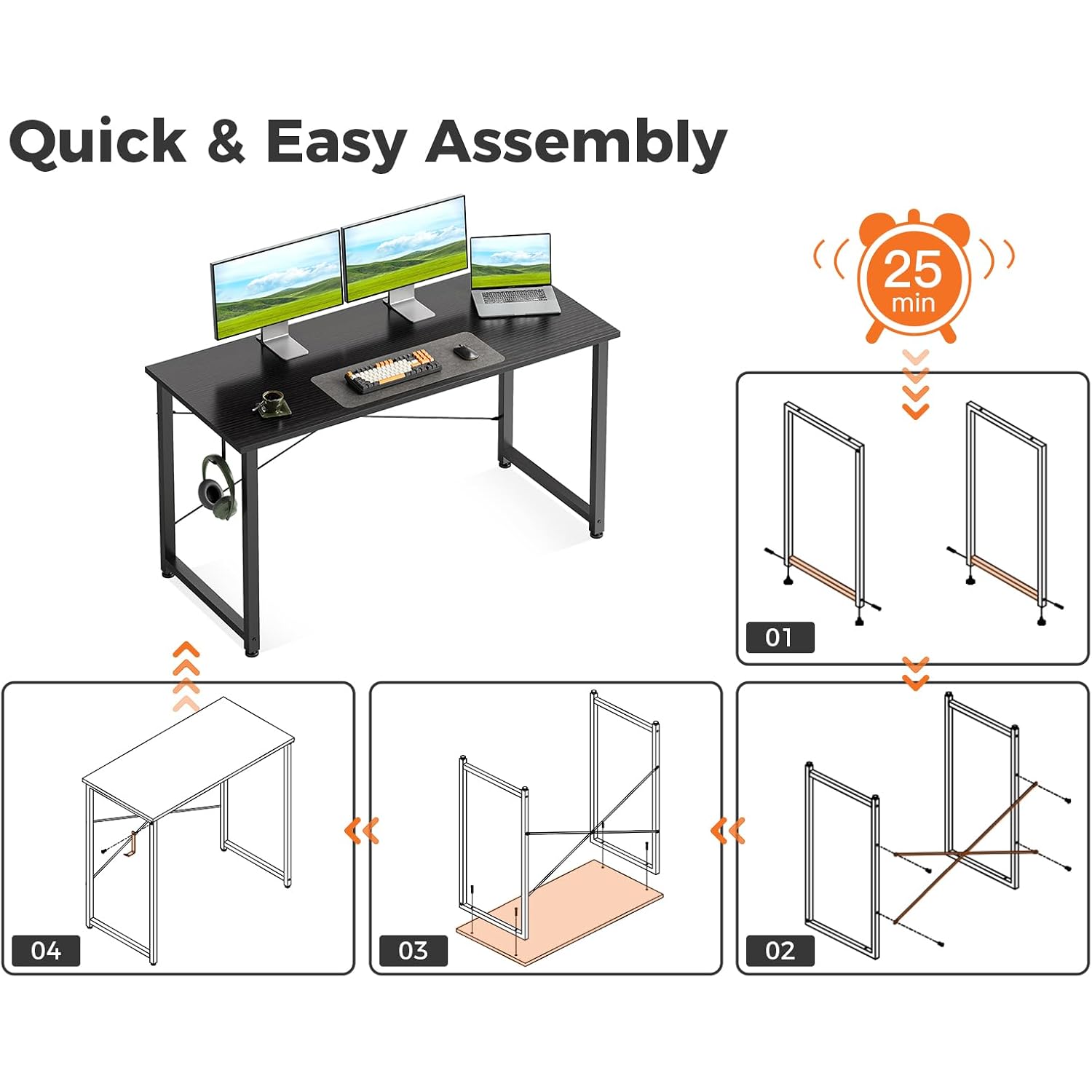 Casaottima 48 Inch Small Computer Desk For Home Office, Study Writing Table For Small Spaces, Simple Modern Desk With Headphone Hooks, Pure Black