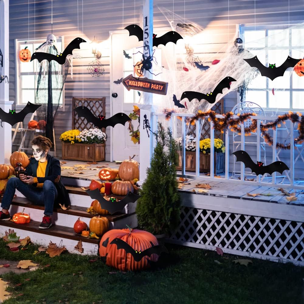 Yujun Halloween Hanging Bats 12 Pieces 3D Realistic Scary Large Fake Black Hanging Flying Bat Spooky For Yard Sign Outdoor Indoor Lawn Decorations(3 Style)