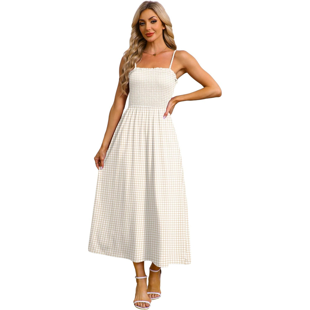 Ofeefan Womens Spaghetti Strap Maxi Dresses Smocked With Pockets 2026 Summer Spring Casual Boho Beach Long Sundresses