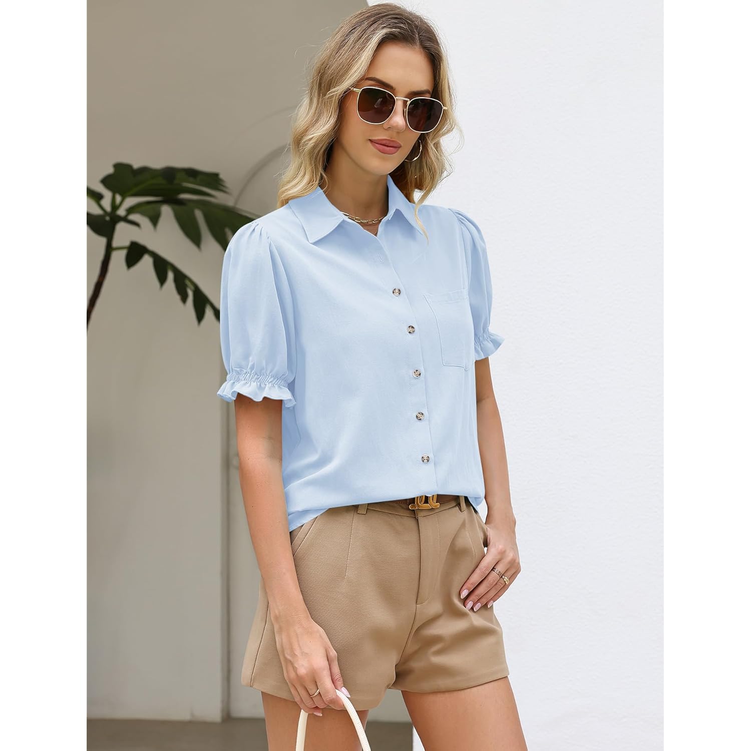 Linen Shirts for Women Puff Sleeve Button Down Summer Casual Cotton Linen Blouses Collared Work Tops Dressy