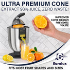 Eurolux Premium Electric Orange Juicer | Stainless Steel Citrus Squeezer With New Ultra-Powerful Motor And Soft Grip Handle For Effortless Juicing, Auto Shutoff, Dishwasher-Safe Parts, Pulp Control