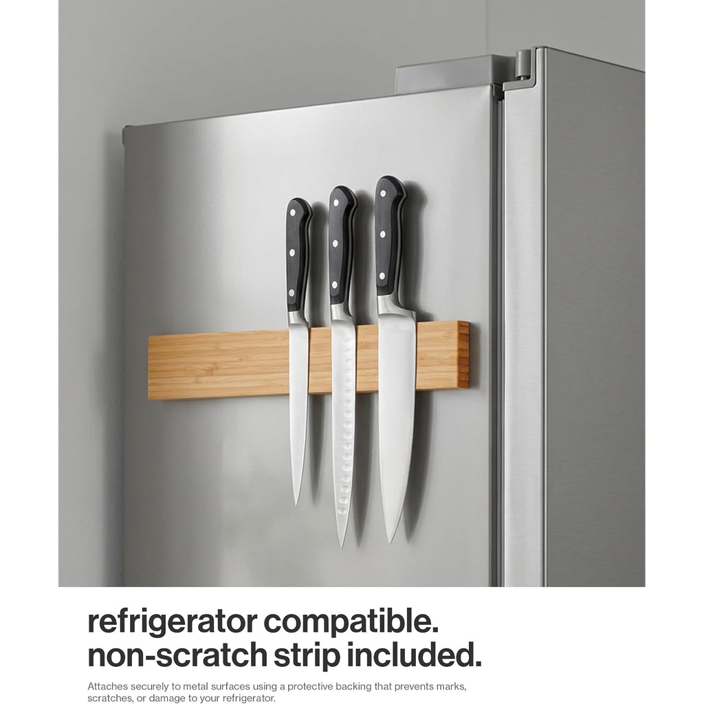 Larhn Magnetic Knife Holder For Wall Or Fridge - No-Drill Bamboo Knife Magnetic Strip, 16″ - Renter Friendly