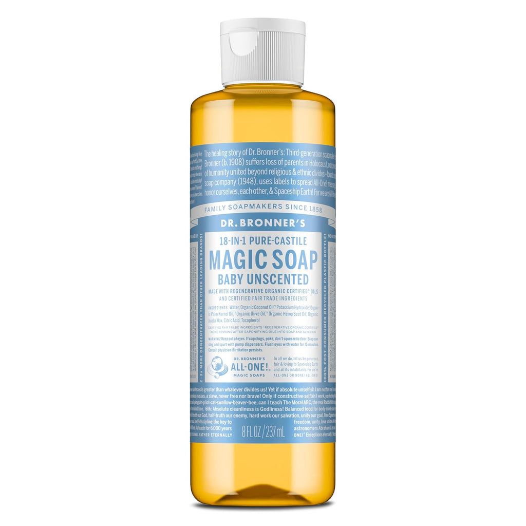 Dr. Bronner'S Pure-Castile Magic Liquid Soap (Baby Unscented, 8 Ounce)- Made With Regenerative Organic Certified Oils, For Face, Body Wash, Baby Soap, Sensitive Skin, No Added Fragrance, Vegan