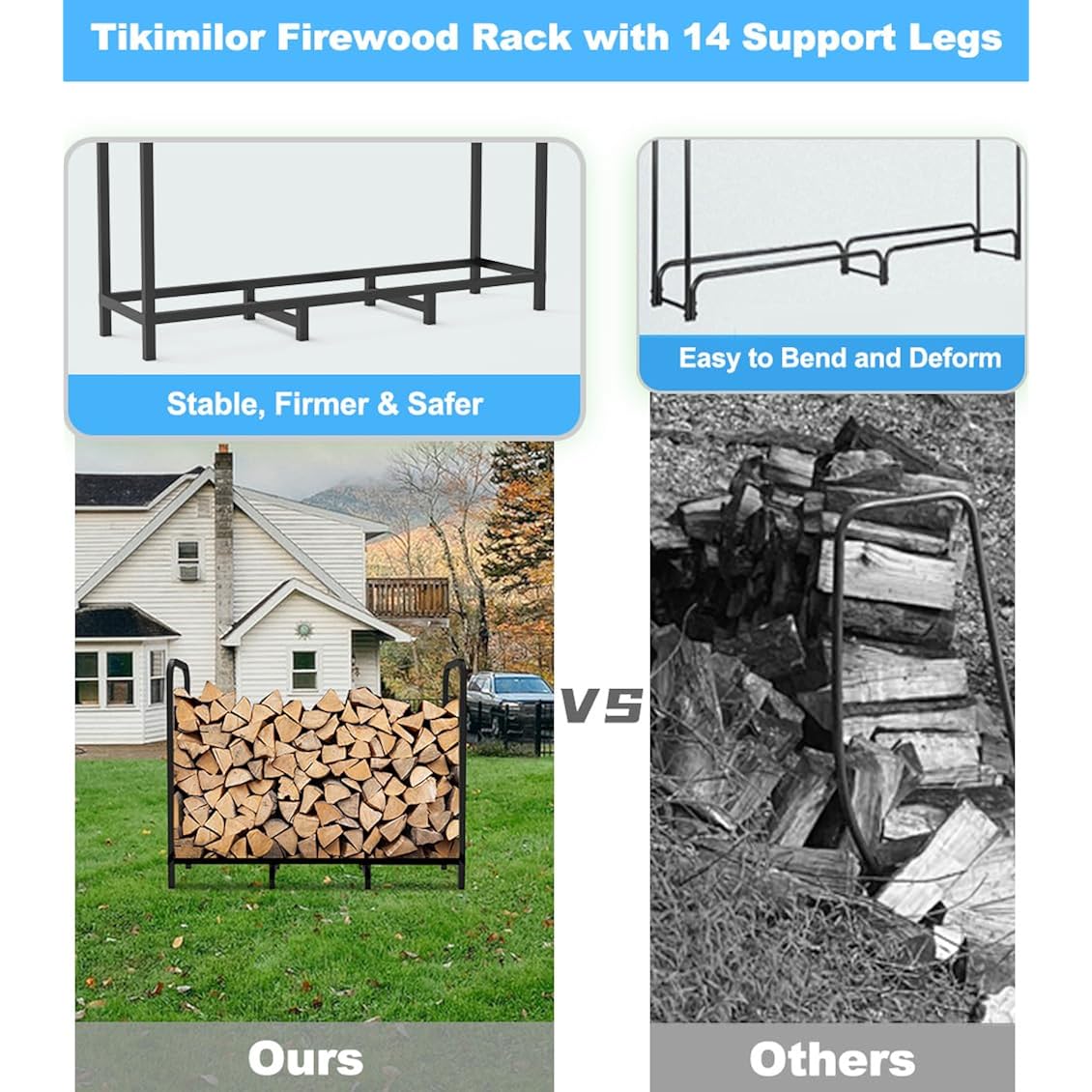 4Ft Firewood Rack Holder, Adjustable Heavy Duty Fire Log Stacker Stand For Fireplace, Outdoor Indoor Metal Wood Pile Storage Organizer, Patio Logs Stand Tool, Black