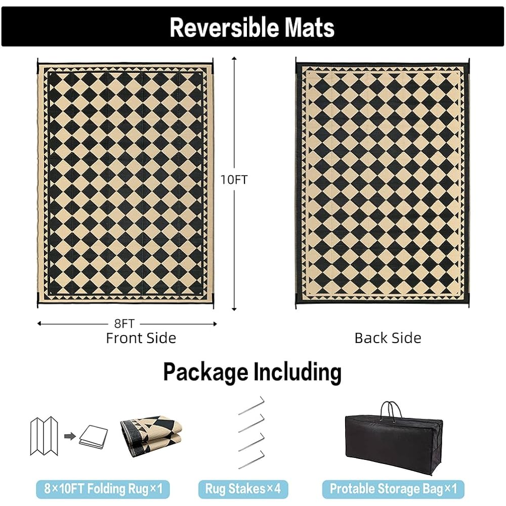 Outdoor Rug For Patios Clearance,Waterproof Mat,Large Outside Carpet,Reversible Plastic Straw Camping Rugs,Rv,Porch,Deck,Camper,Balcony,Backyard (8X10,Checkered/Black&Beige)