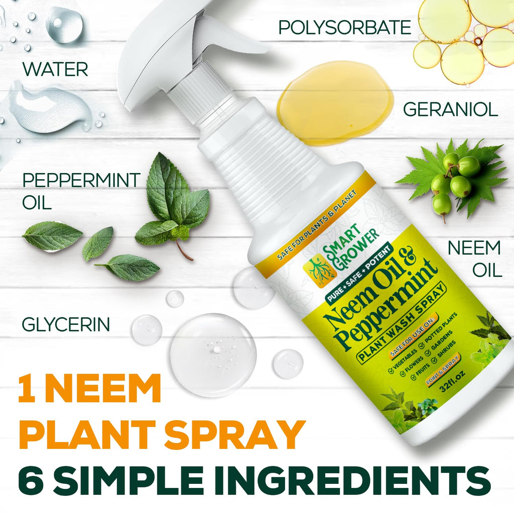 Neem Oil Plant Spray With Peppermint Oil, Indoor & Outdoor Plants, 32 Oz | Ready-To-Use Spray, Natural Plant Wash, Smart Grower