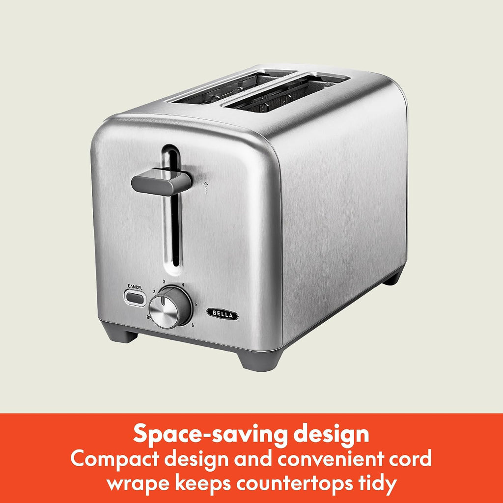 Bella Stainless Steel 2 Slice Toaster With Extra Wide Slots & Removable Crumb Tray - 6 Browning Options, Auto Shut Off & Reheat Function - Toast Bread, Bagel & Waffle