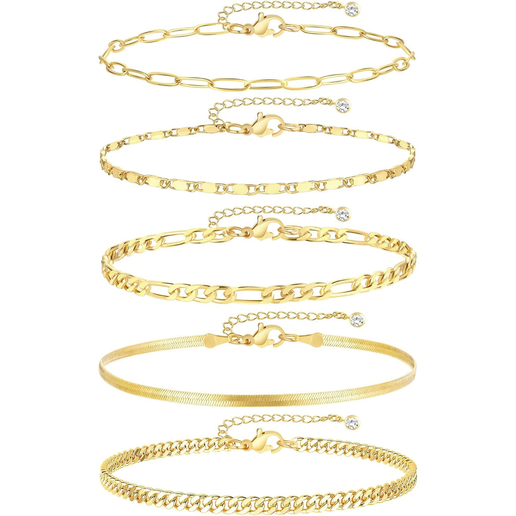 iF YOU Gold Ankle Bracelets for Women, 14k Gold Plated Waterproof Cuban Link Chain Anklets Set, Layered Anklet Bracelets for Women Beach Gift Adjustable Size 5pc