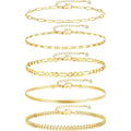 iF YOU Gold Ankle Bracelets for Women, 14k Gold Plated Waterproof Cuban Link Chain Anklets Set, Layered Anklet Bracelets for Women Beach Gift Adjustable Size 5pc