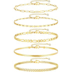 iF YOU Gold Ankle Bracelets for Women, 14k Gold Plated Waterproof Cuban Link Chain Anklets Set, Layered Anklet Bracelets for Women Beach Gift Adjustable Size 5pc