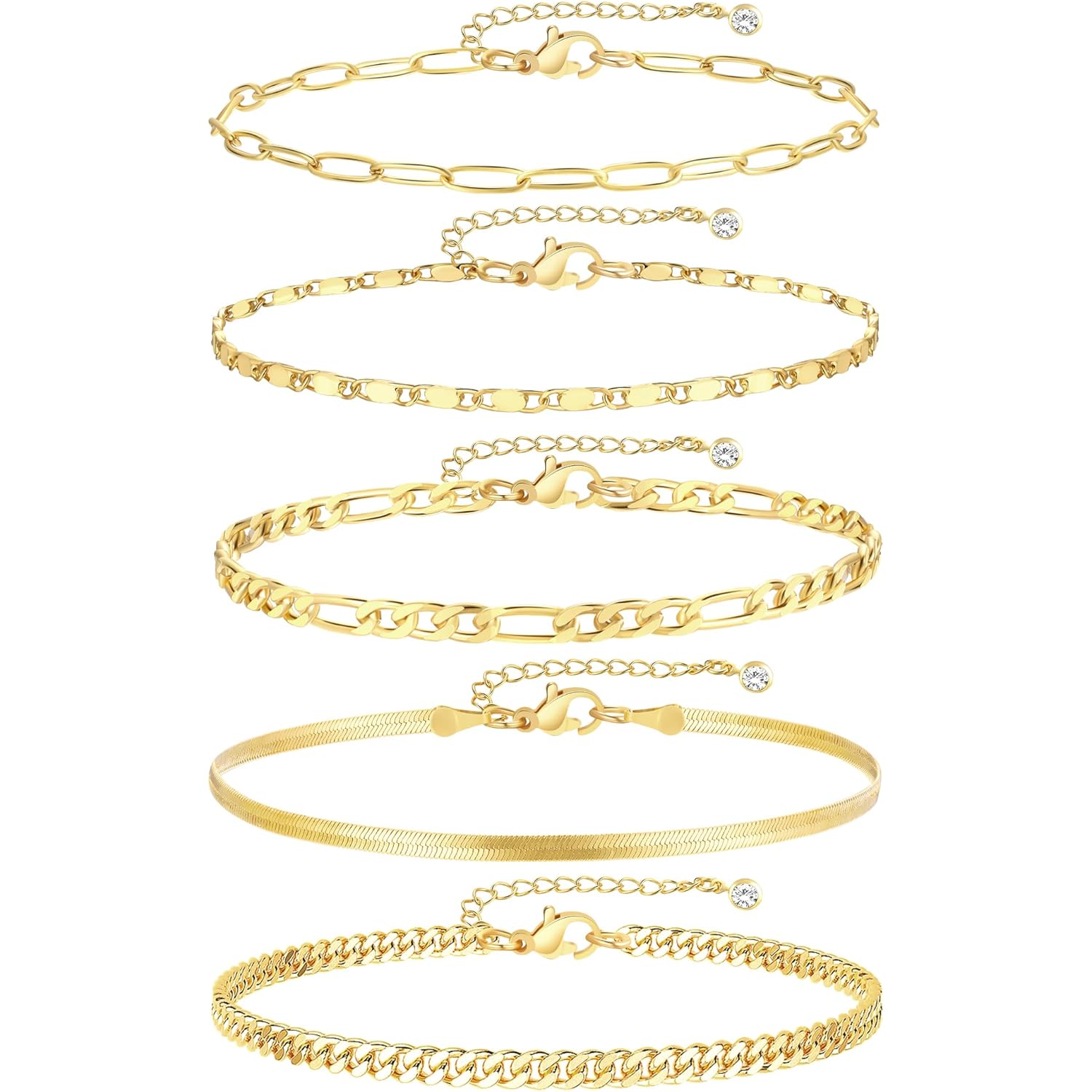 iF YOU Gold Ankle Bracelets for Women, 14k Gold Plated Waterproof Cuban Link Chain Anklets Set, Layered Anklet Bracelets for Women Beach Gift Adjustable Size 5pc