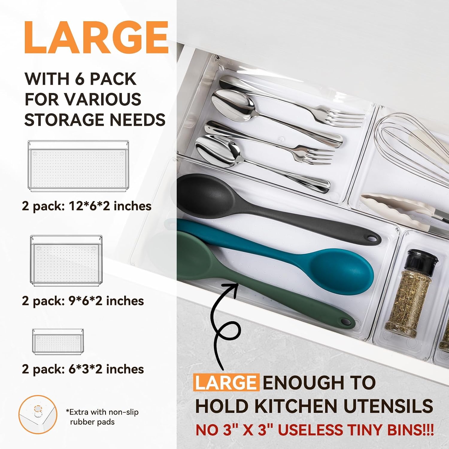 6 Pack Large Clear Plastic Drawer Organizer Trays, Acrylic Kitchen Drawer Organization And Storage Dividers, Non-Slip Storage Bins For Makeup, Kitchen Utensils, Bathroom, Jewelries And Office Desk