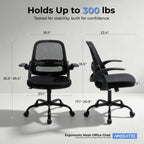 Ergonomic Mesh Office Chair For Home Office, Flip-Up Arms, Breathable Mesh Back & Thick Seat Cushion, Swivel Rolling Computer Desk Chair, Bifma Certified, Supports 300 Lbs (Black Frame/Black Seat)