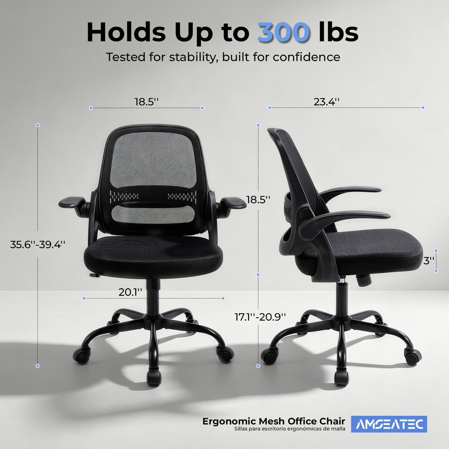 Ergonomic Mesh Office Chair For Home Office, Flip-Up Arms, Breathable Mesh Back & Thick Seat Cushion, Swivel Rolling Computer Desk Chair, Bifma Certified, Supports 300 Lbs (Black Frame/Black Seat)