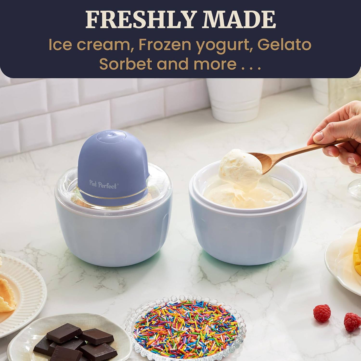 Americana By Elite Pint Perfect™ Eim1205Db Ice Cream Maker, 2 X 1 Pint Capacity Dual Freezing Mugs, Frozen Yogurt, Sorbet, Gelato, Recipes, Periwinkle