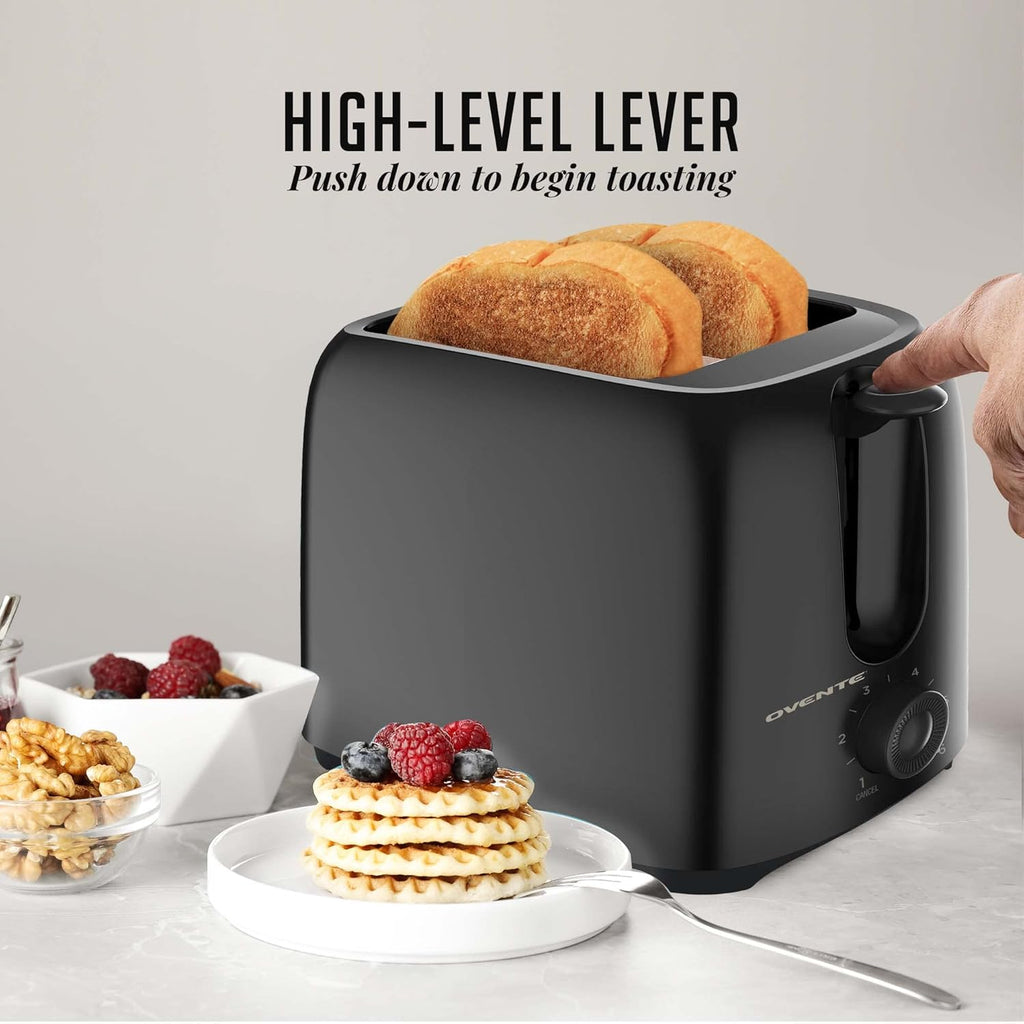 OVENTE Electric 2 Slice Toaster Machine with 6-Shade Browning Selector Setting, Compact Design and Removable Crumb Tray, 700W Power Perfect for Toasting Bread, Thin Bagels and Waffles, Black TP2210B