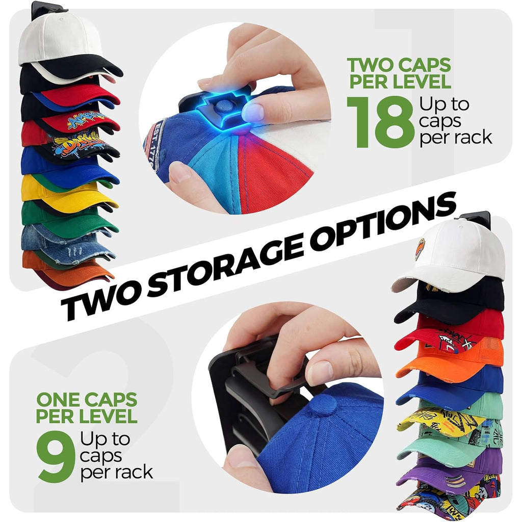 Diy 2Pack Hat Organizer – Holds 36 Hats, Adjustable Clips, Adhesive Or Screw Mount, For Baseball Caps & Snapbacks, Space-Saving Cap Holder & Hat Storage Wall Rack For Closet & Door, Black