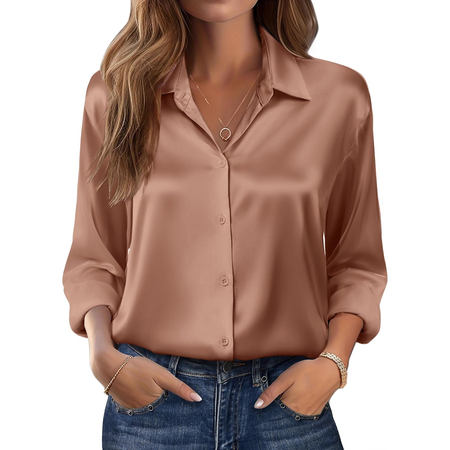 Womens Tops Long Sleeve Satin Silk Button Down Shirts Casual Business Dressy Blouses Fall Clothes