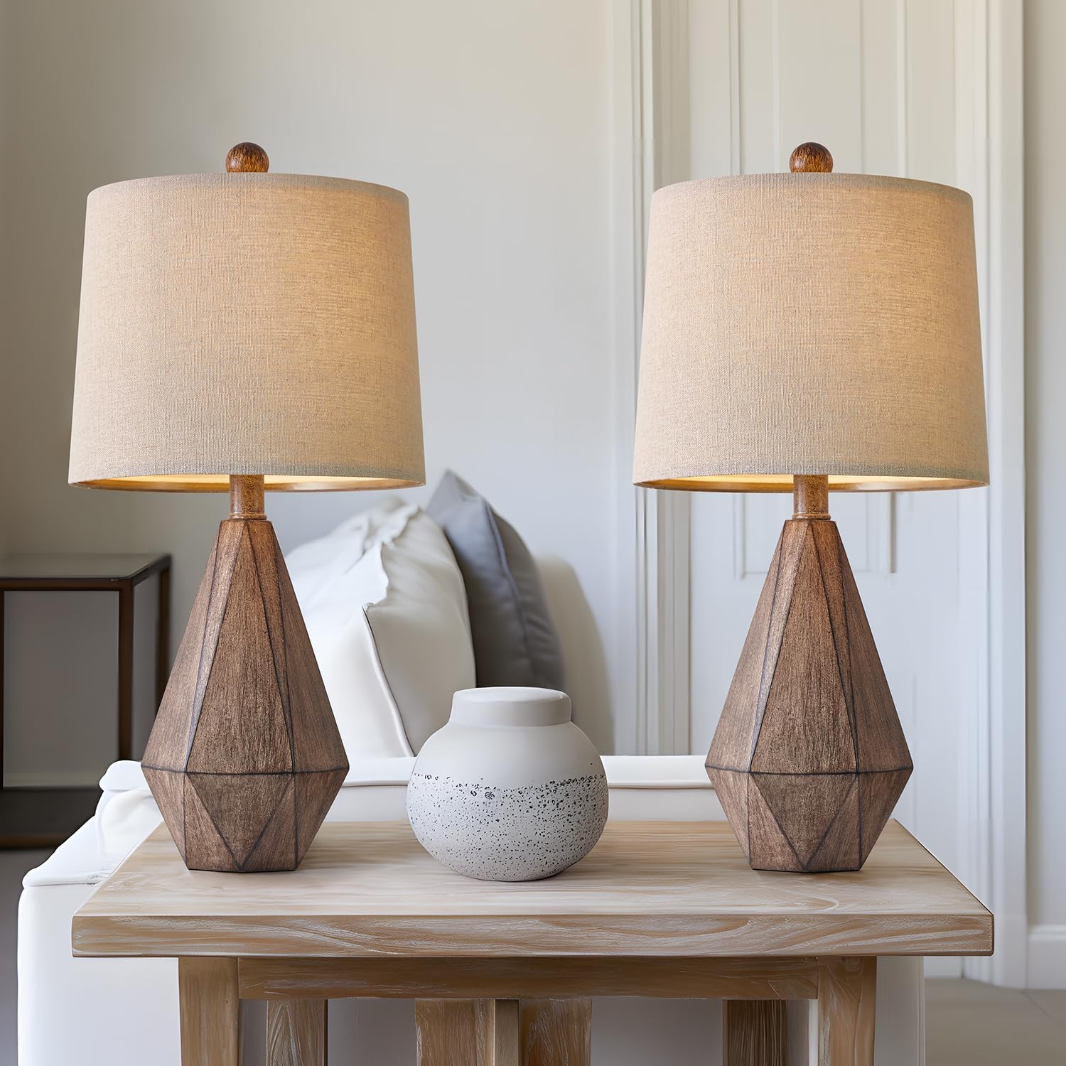 Pokat 20.25" Retro Farmhouse Table Lamp Set Of 2, Small For Bedside, Brown | Rustic Bedroom Lamps For Nightstand, Natural Resin, Compact Design, Rustic Home Decor For End Table And Hallway