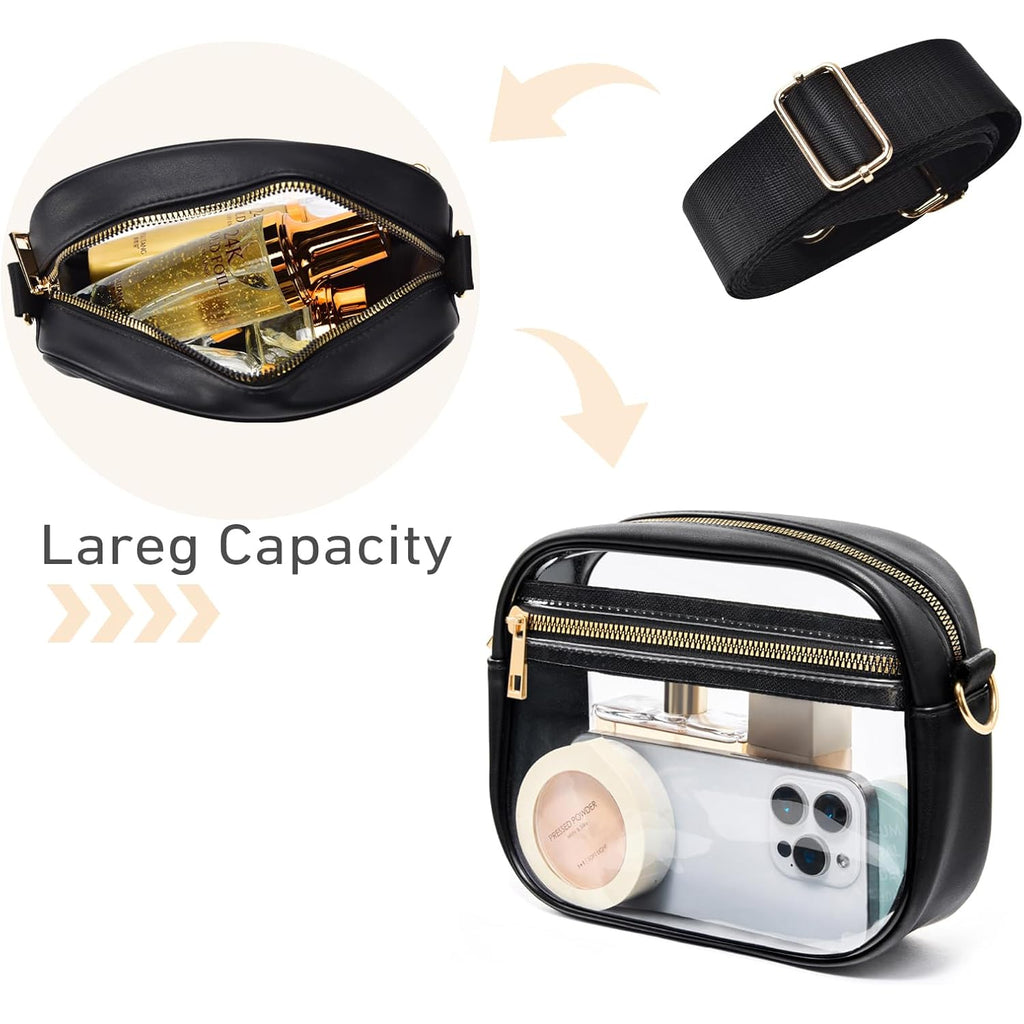 Fibrdoo Clear Bag Stadium Approved, Leather Clear Crossbody Purse Bag for Concerts Sports Events Festivals