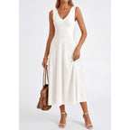 Prettygarden Summer Dresses For Women 2026 Spring Casual Sleeveless V Neck Pleated Midi Work Cocktail Wedding Guest Dress
