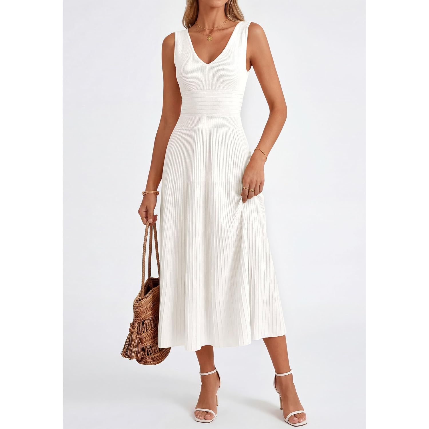 Prettygarden Summer Dresses For Women 2026 Spring Casual Sleeveless V Neck Pleated Midi Work Cocktail Wedding Guest Dress